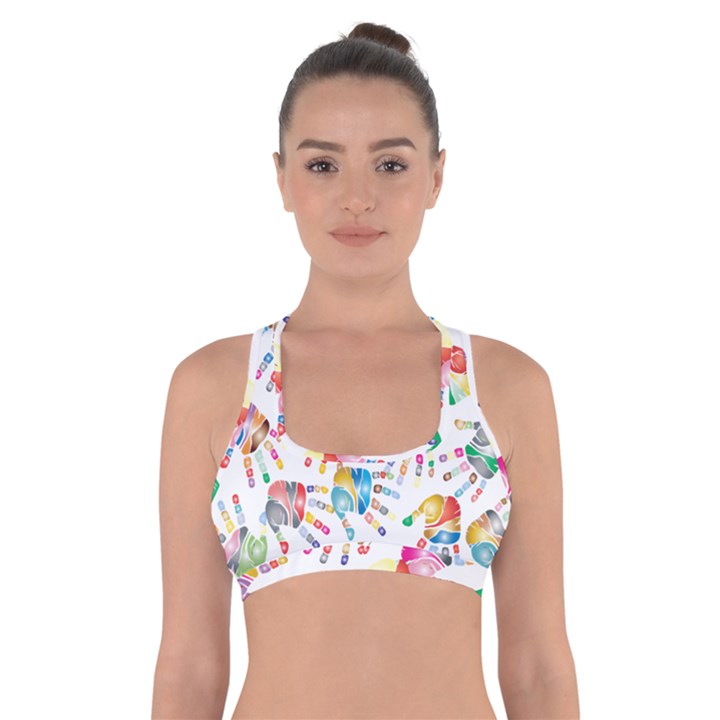 Colorful palms, hand print pattern, rainbow colors palette Cross Back Sports Bra