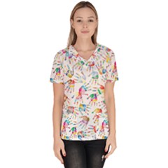 Colorful Palms, Hand Print Pattern, Rainbow Colors Palette Women s V-neck Scrub Top by Casemiro