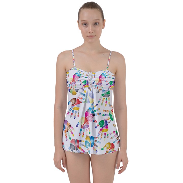 Colorful palms, hand print pattern, rainbow colors palette Babydoll Tankini Set