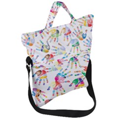 Colorful Palms, Hand Print Pattern, Rainbow Colors Palette Fold Over Handle Tote Bag