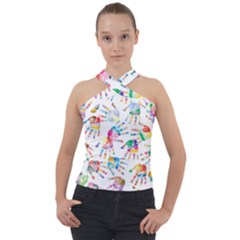 Colorful Palms, Hand Print Pattern, Rainbow Colors Palette Cross Neck Velour Top by Casemiro