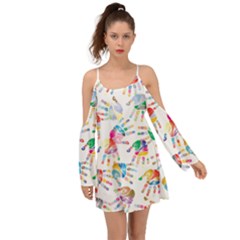 Colorful Palms, Hand Print Pattern, Rainbow Colors Palette Kimono Sleeves Boho Dress by Casemiro