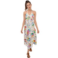 Colorful Palms, Hand Print Pattern, Rainbow Colors Palette Halter Tie Back Dress 