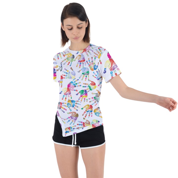 Colorful palms, hand print pattern, rainbow colors palette Asymmetrical Short Sleeve Sports Tee