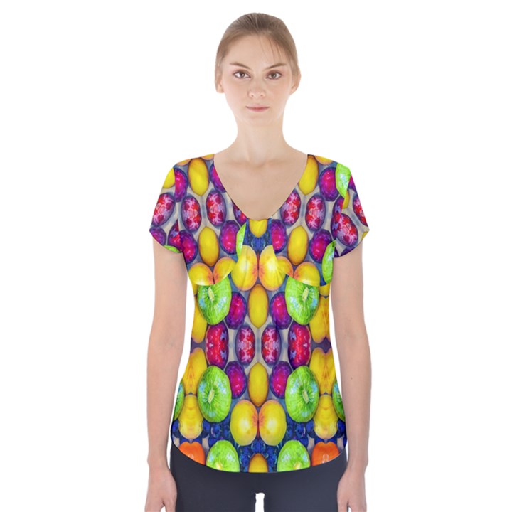 Fruits And Vegetables Pattern Short Sleeve Front Detail Top