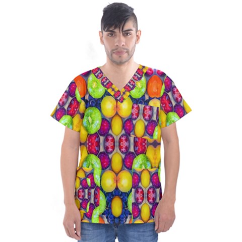 Fruits And Vegetables Pattern Men s V-neck Scrub Top by dflcprintsclothing