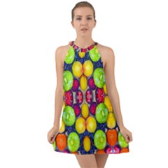 Fruits And Vegetables Pattern Halter Tie Back Chiffon Dress by dflcprintsclothing