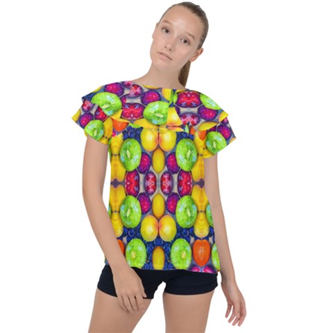 Fruits And Vegetables Pattern Ruffle Collar Chiffon Blouse by dflcprintsclothing