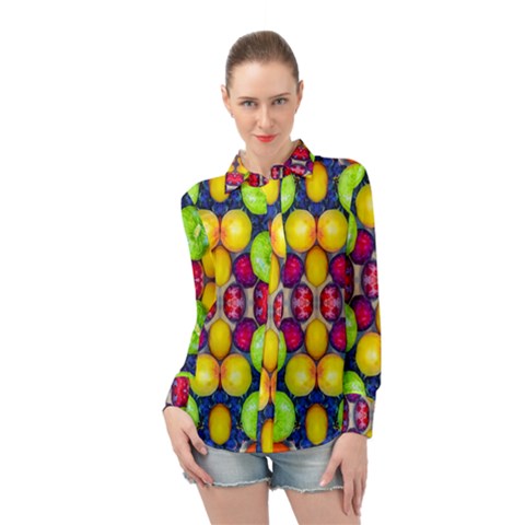 Fruits And Vegetables Pattern Long Sleeve Chiffon Shirt by dflcprintsclothing