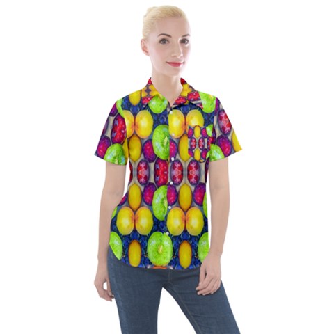 Fruits And Vegetables Pattern Women s Short Sleeve Pocket Shirt by dflcprintsclothing