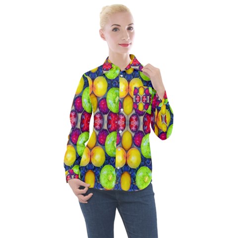 Fruits And Vegetables Pattern Women s Long Sleeve Pocket Shirt by dflcprintsclothing