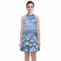 Floral Nature Velvet Halter Neckline Dress 