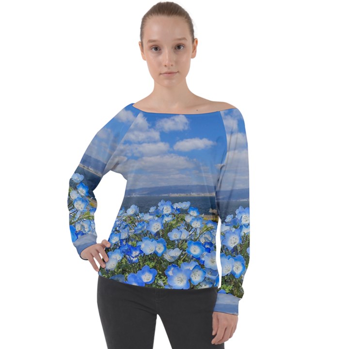 Floral Nature Off Shoulder Long Sleeve Velour Top