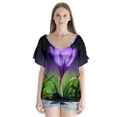 Floral Nature V-neck Flutter Sleeve Top by Sparkle