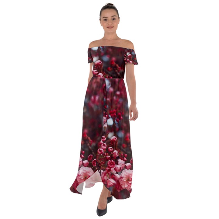 Red Floral Off Shoulder Open Front Chiffon Dress