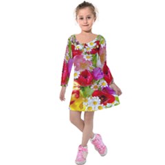 Beautiful Floral Kids  Long Sleeve Velvet Dress by Sparkle