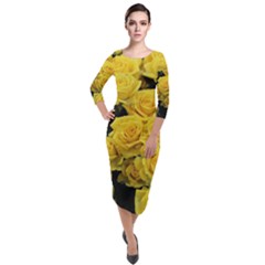 Yellow Roses Quarter Sleeve Midi Velour Bodycon Dress by Sparkle