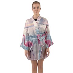 Flamingos Beach Long Sleeve Satin Kimono by Sparkle