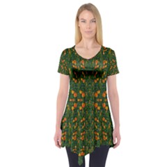 Sakura Tulips Giving Fruit In The Festive Temple Forest Short Sleeve Tunic  by pepitasart