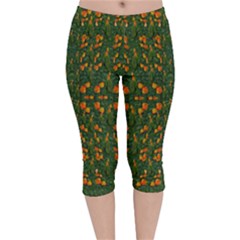 Sakura Tulips Giving Fruit In The Festive Temple Forest Velvet Capri Leggings  by pepitasart