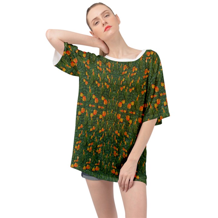 Sakura Tulips Giving Fruit In The Festive Temple Forest Oversized Chiffon Top