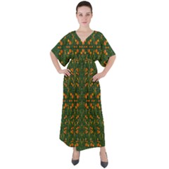 Sakura Tulips Giving Fruit In The Festive Temple Forest V-neck Boho Style Maxi Dress by pepitasart