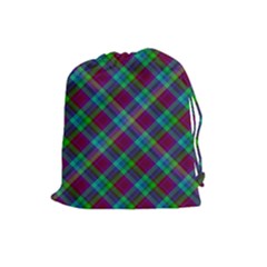 Purple, Green Tartan, Retro Buffalo Plaid Pattern, Classic Tiled Theme Drawstring Pouch (large) by Casemiro