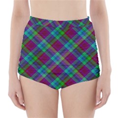 Purple, Green Tartan, Retro Buffalo Plaid Pattern, Classic Tiled Theme High-waisted Bikini Bottoms by Casemiro