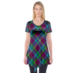 Purple, Green Tartan, Retro Buffalo Plaid Pattern, Classic Tiled Theme Short Sleeve Tunic  by Casemiro