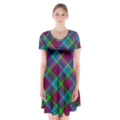 Purple, Green Tartan, Retro Buffalo Plaid Pattern, Classic Tiled Theme Short Sleeve V-neck Flare Dress by Casemiro