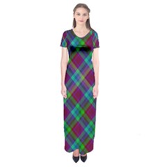 Purple, Green Tartan, Retro Buffalo Plaid Pattern, Classic Tiled Theme Short Sleeve Maxi Dress by Casemiro