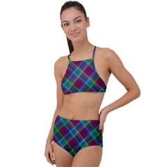 Purple, Green Tartan, Retro Buffalo Plaid Pattern, Classic Tiled Theme High Waist Tankini Set by Casemiro