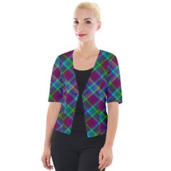 Purple, Green Tartan, Retro Buffalo Plaid Pattern, Classic Tiled Theme Cropped Button Cardigan by Casemiro