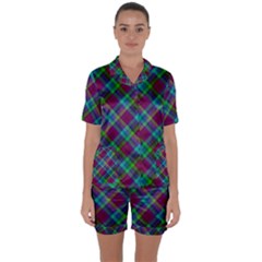 Purple, Green Tartan, Retro Buffalo Plaid Pattern, Classic Tiled Theme Satin Short Sleeve Pyjamas Set by Casemiro