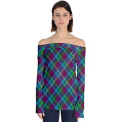 Purple, Green Tartan, Retro Buffalo Plaid Pattern, Classic Tiled Theme Off Shoulder Long Sleeve Top by Casemiro