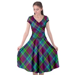 Purple, Green Tartan, Retro Buffalo Plaid Pattern, Classic Tiled Theme Cap Sleeve Wrap Front Dress by Casemiro