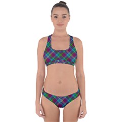 Purple, Green Tartan, Retro Buffalo Plaid Pattern, Classic Tiled Theme Cross Back Hipster Bikini Set by Casemiro