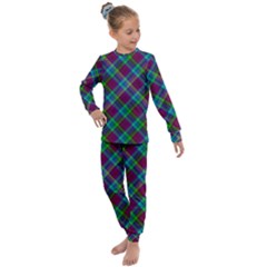 Purple, Green Tartan, Retro Buffalo Plaid Pattern, Classic Tiled Theme Kids  Long Sleeve Set 