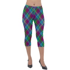 Purple, Green Tartan, Retro Buffalo Plaid Pattern, Classic Tiled Theme Lightweight Velour Capri Leggings  by Casemiro