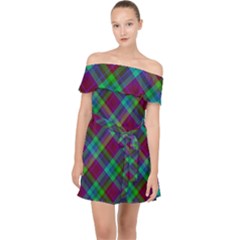 Purple, Green Tartan, Retro Buffalo Plaid Pattern, Classic Tiled Theme Off Shoulder Chiffon Dress by Casemiro