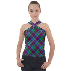 Purple, Green Tartan, Retro Buffalo Plaid Pattern, Classic Tiled Theme Cross Neck Velour Top by Casemiro