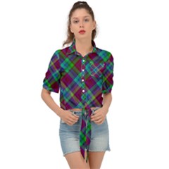 Purple, Green Tartan, Retro Buffalo Plaid Pattern, Classic Tiled Theme Tie Front Shirt  by Casemiro