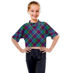 Purple, Green Tartan, Retro Buffalo Plaid Pattern, Classic Tiled Theme Kids Mock Neck Tee