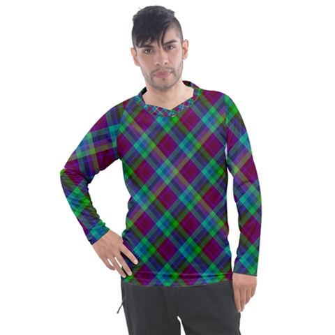 Purple, Green Tartan, Retro Buffalo Plaid Pattern, Classic Tiled Theme Men s Pique Long Sleeve Tee by Casemiro