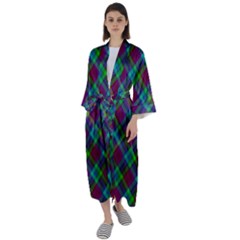 Purple, Green Tartan, Retro Buffalo Plaid Pattern, Classic Tiled Theme Maxi Satin Kimono by Casemiro