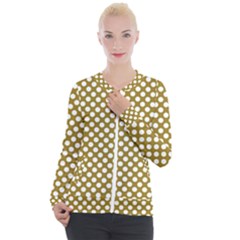 Gold Polka Dots Patterm, Retro Style Dotted Pattern, Classic White Circles Casual Zip Up Jacket by Casemiro