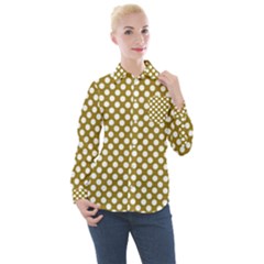 Gold Polka Dots Patterm, Retro Style Dotted Pattern, Classic White Circles Women s Long Sleeve Pocket Shirt