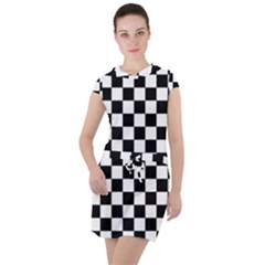 Black And White Chessboard Pattern, Classic, Tiled, Chess Like Theme Drawstring Hooded Dress by Casemiro