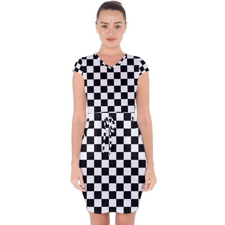 Black and white chessboard pattern, classic, tiled, chess like theme Capsleeve Drawstring Dress 