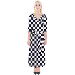 Black And White Chessboard Pattern, Classic, Tiled, Chess Like Theme Quarter Sleeve Wrap Maxi Dress